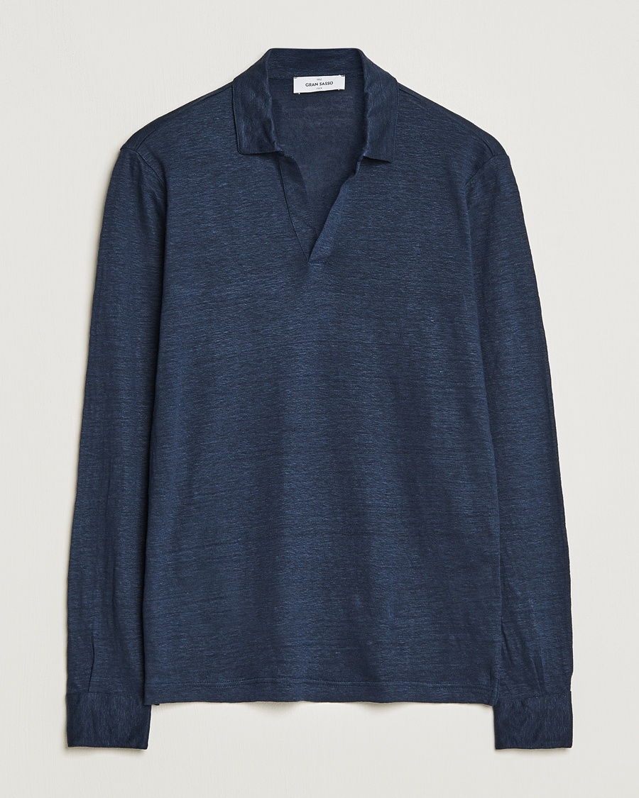 Gran Sasso Washed Linen Long Sleeve Polo Navy Melange – Blau