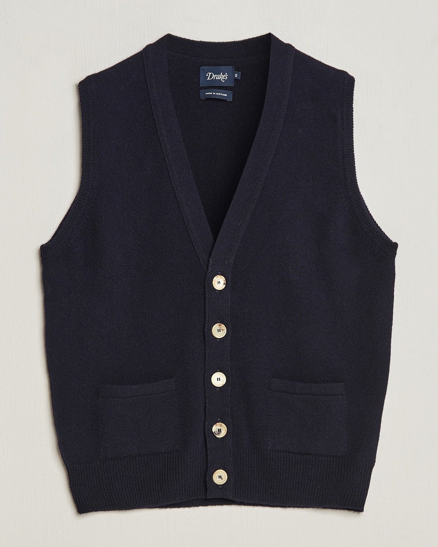 Drake's Lambswool Vest Cardigan Navy – Blau