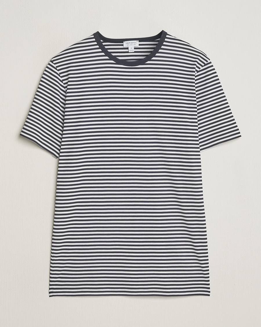 Sunspel Striped Crew Neck Q82 Cotton T-Shirt White/Navy – Blau