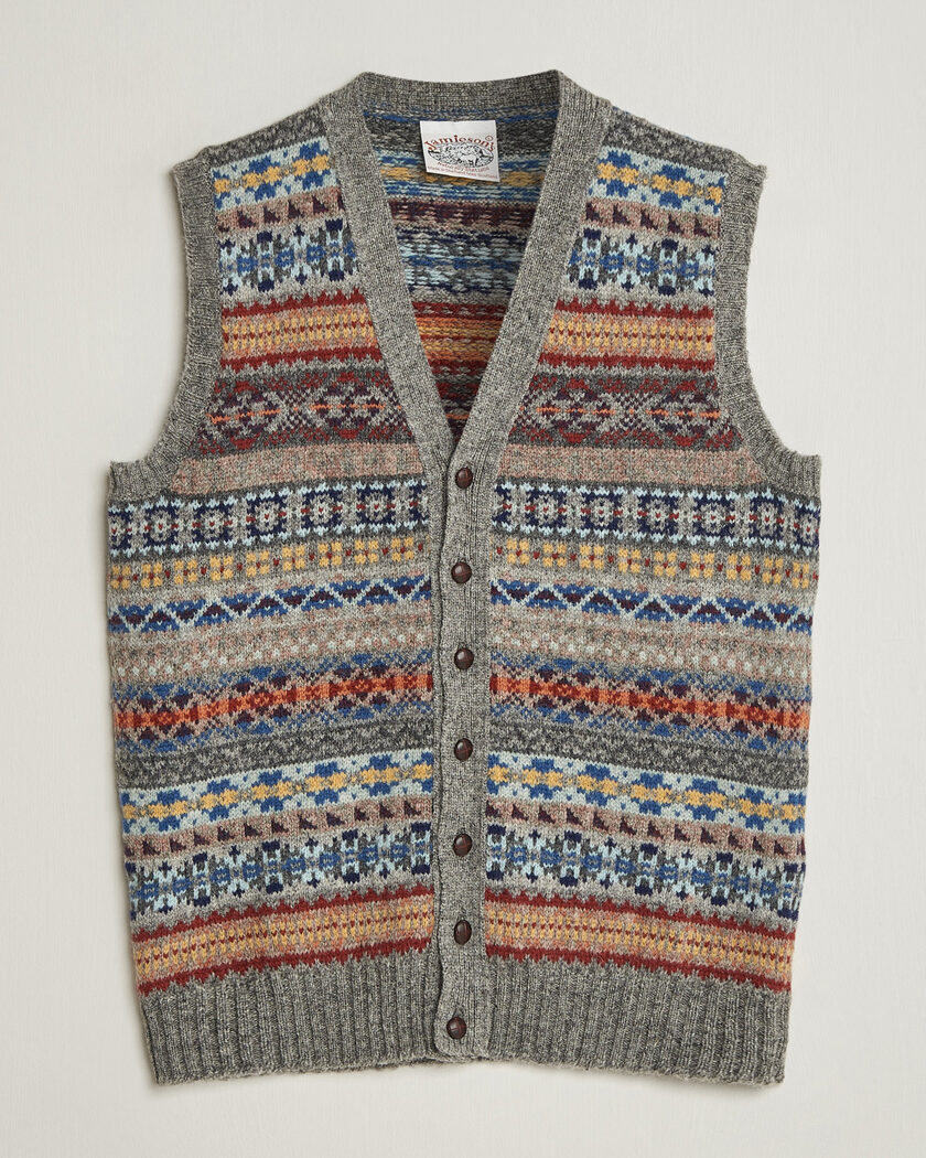 Jamieson's of Shetland Jamiesons Of Shetland All Over Fair Isle Waistcoat Grey – Grau