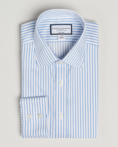 Charles Tyrwhitt Slim Fit Non Iron Striped Twill Cut Away Shirt White/Sky – Weiß