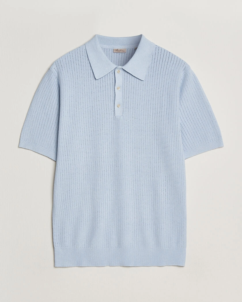 Stenströms Knitted Textured Cotton/Hemp Polo Light Blue – Blau