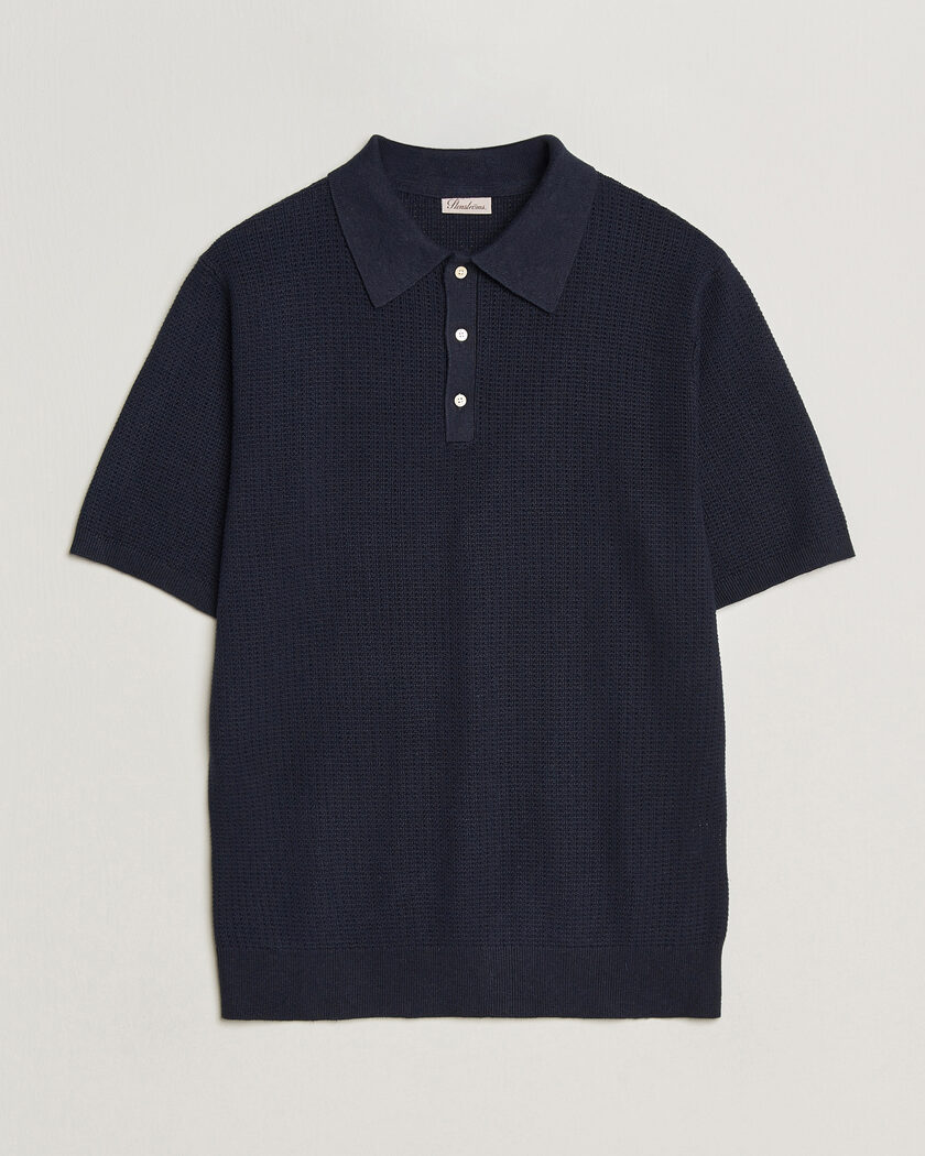 Stenströms Knitted Textured Cotton/Hemp Polo Navy – Blau
