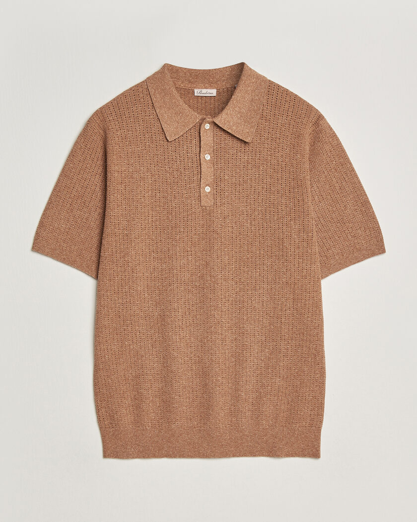 Stenströms Knitted Textured Cotton/Hemp Polo Light Brown – Braun