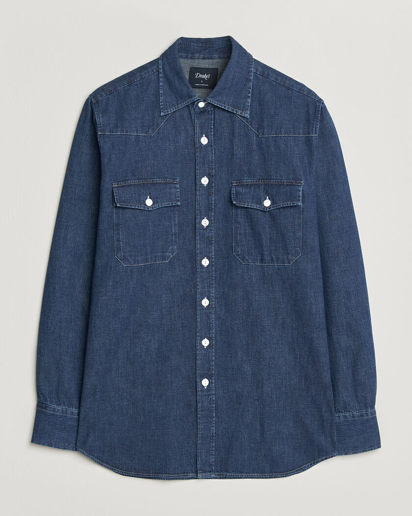 Drake's Light Denim Western Shirt Stone Wash – Blau