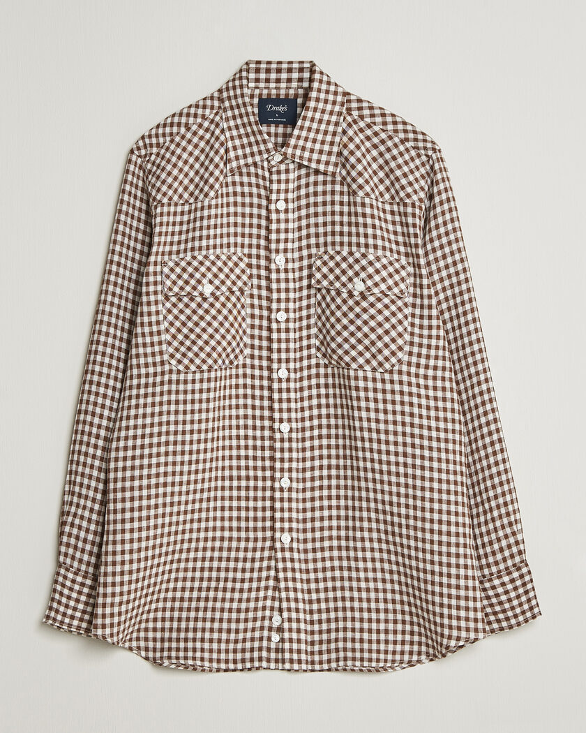 Drake's Linen Gingham Western Shirt Brown/White – Braun