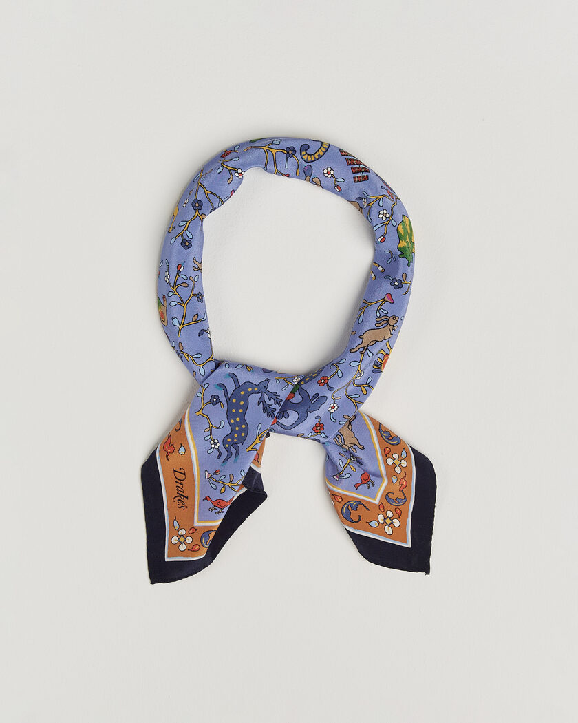 Drake's Animals And Flowers Print Crepe Silk Bandana Blue – Blau
