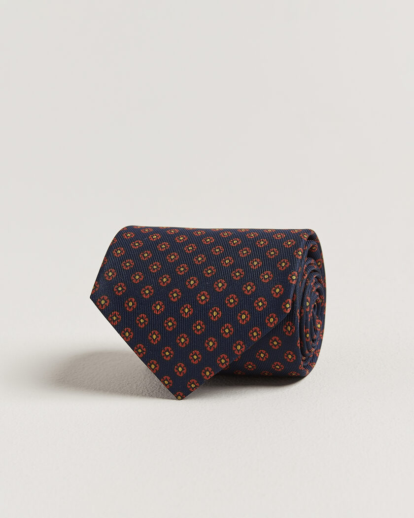 Drake's Square Flowers Pattern Silk Tie Navy – Blau