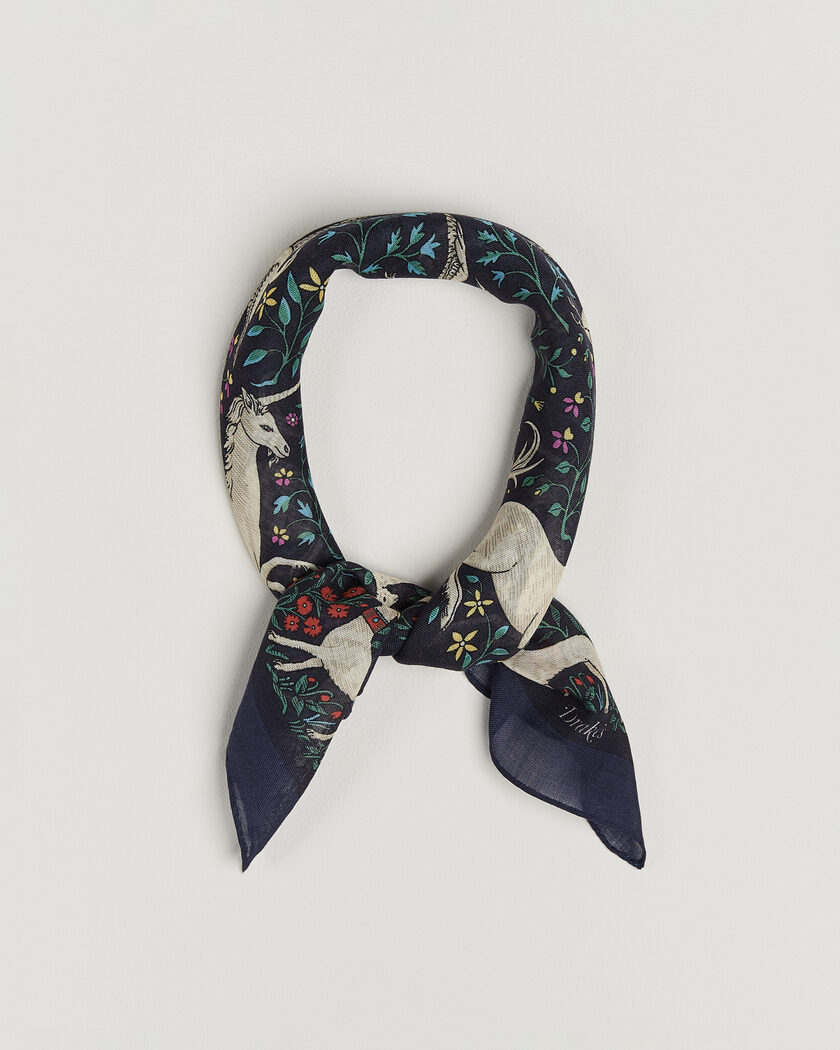 Drake's Unicorn Print Wool/Silk Bandana Navy – Blau