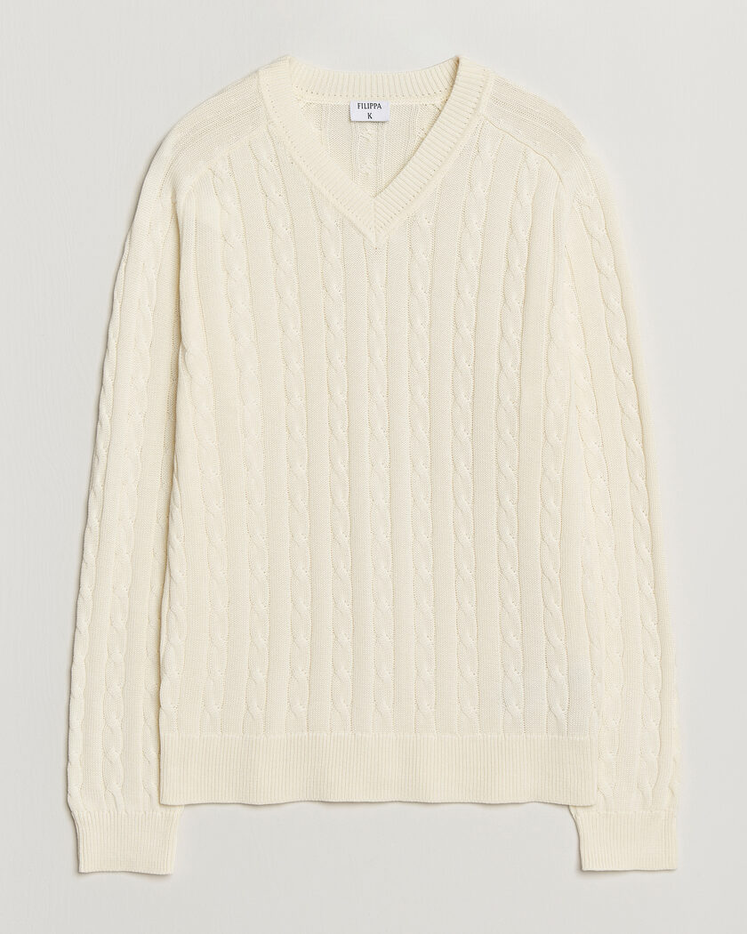 Filippa K Cotton Cable V-Neck Sweater Calico White – Weiß