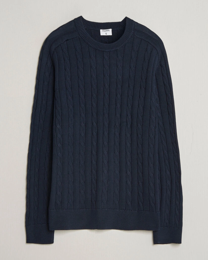 Filippa K Cotton Cable Crew Neck Sweater Navy – Blau