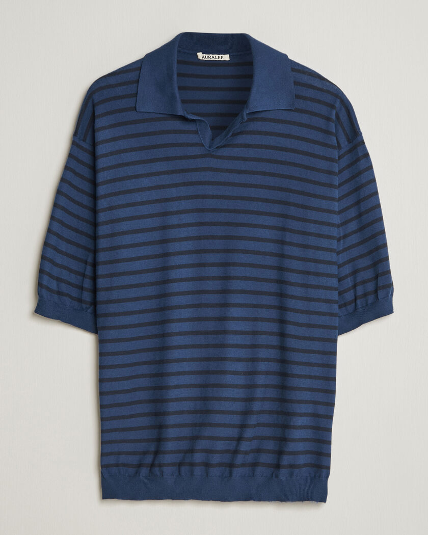 Auralee Cotton Knit Skipper Polo Navy Stripe – Blau