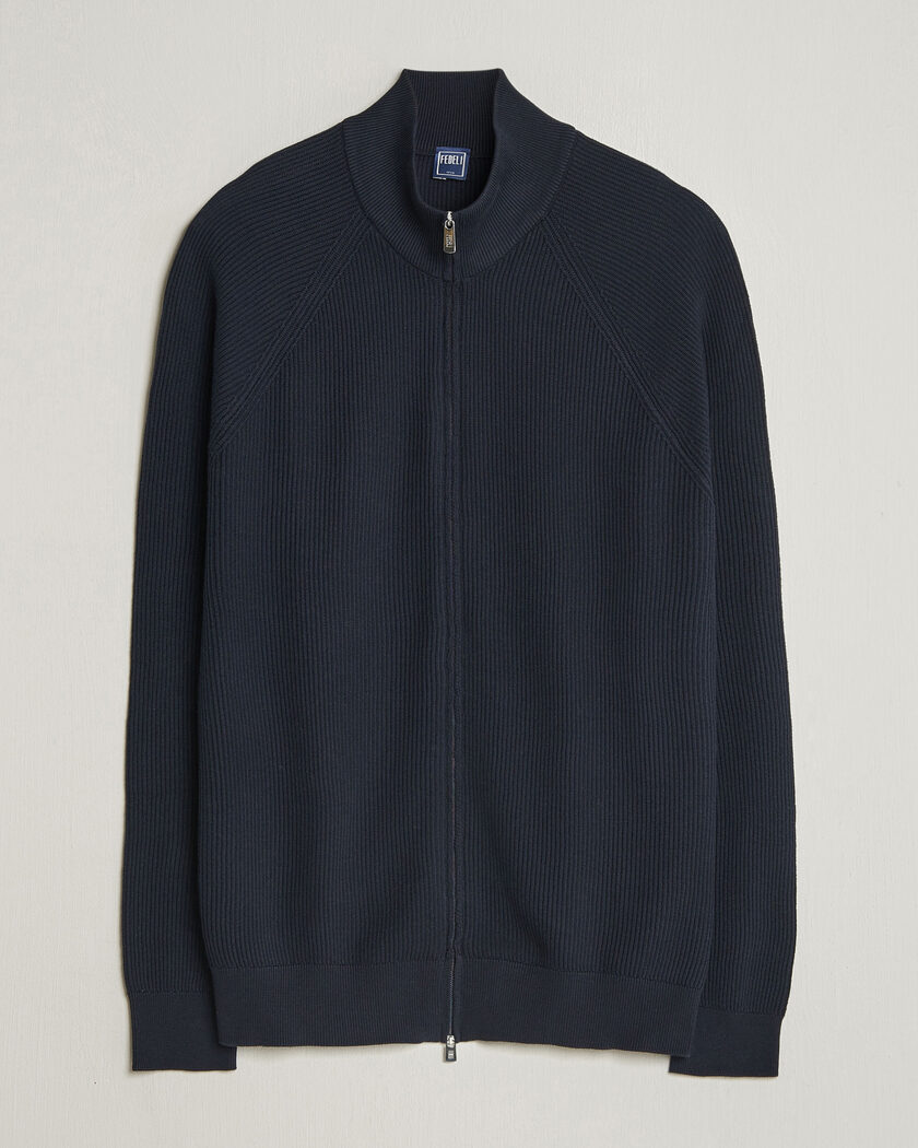 Fedeli Giza Cotton Full Zip Sweater Navy – Blau