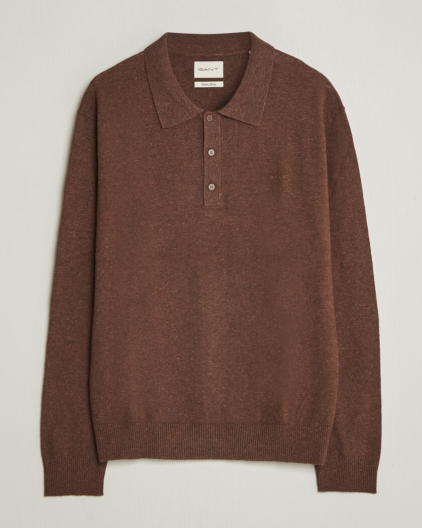 GANT Cotton/Linen Slub Knitted Polo Hazelnut Melange – Braun