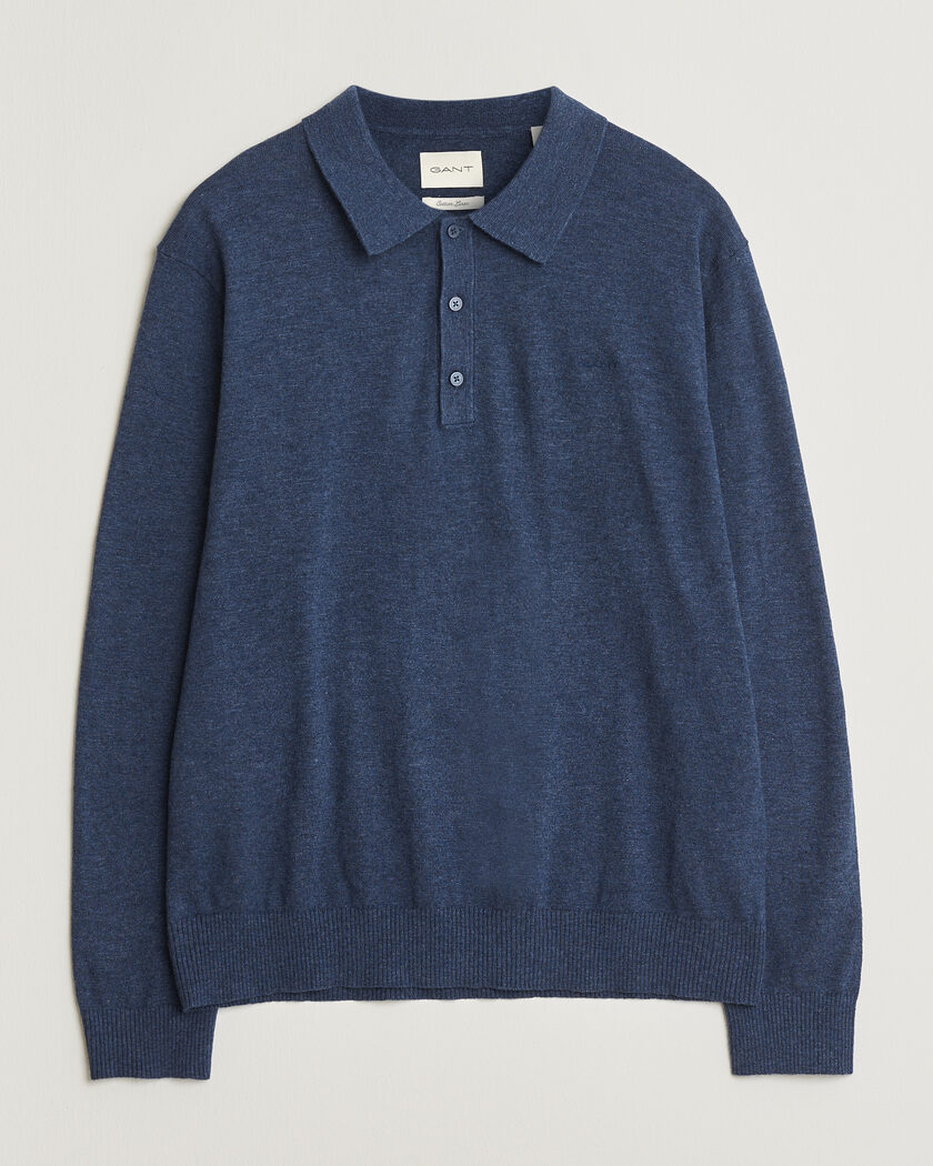 GANT Cotton/Linen Slub Knitted Polo Dark Indigo Melange – Blau