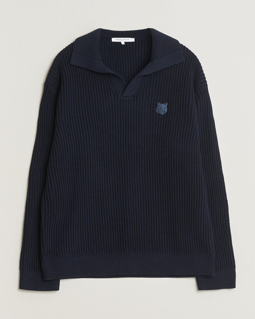 Maison Kitsuné Tonal Fox Head Rib Knitted Polo Navy – Blau