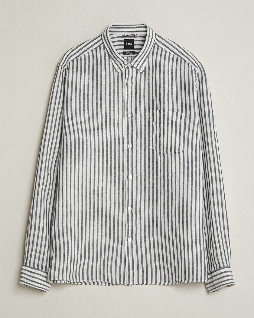 BOSS BLACK Liam Striped Linen Shirt Dark Blue – Blau