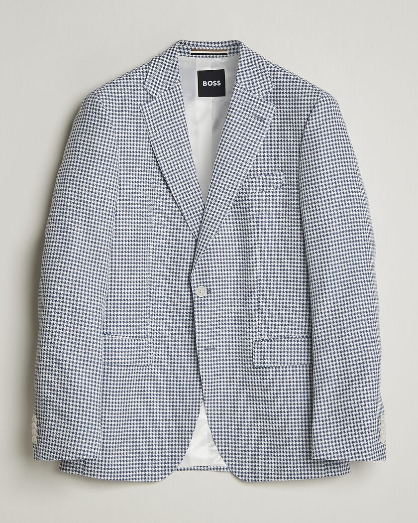BOSS BLACK Hutson Linen/Cotton Houndstooth Blazer Open Blue – Blau