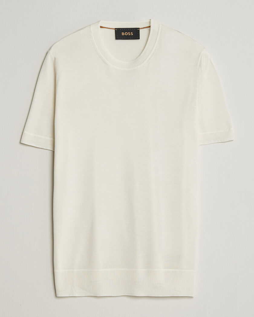 BOSS CAMEL Nottano Silk Knitted T-Shirt Open White – Weiß