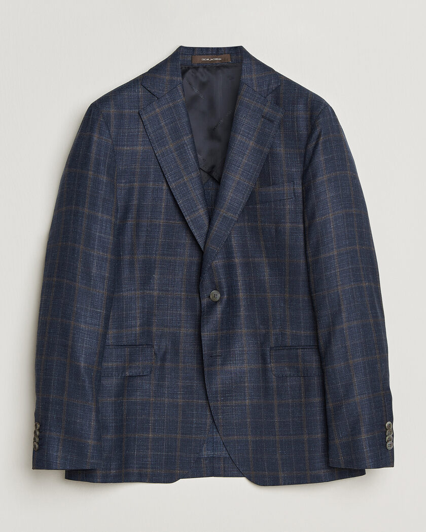 Oscar Jacobson Ferry Patch Loro Piana Summertime Checked Blazer Navy – Blau