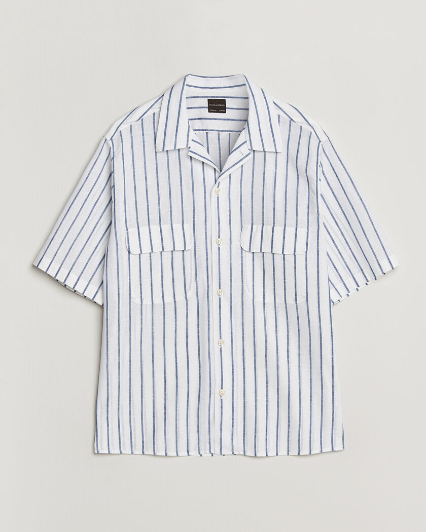 Oscar Jacobson Striped Short Sleeve Linen Shirt Navy/White – Weiß