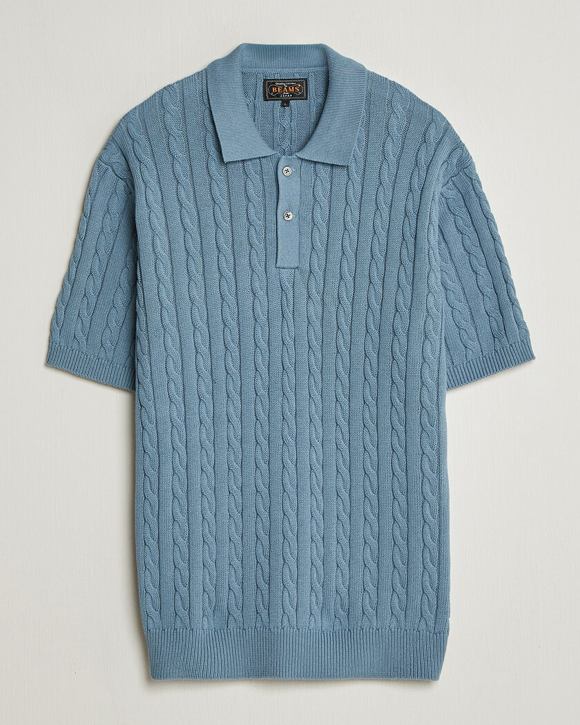 BEAMS PLUS Short Sleeve Cable Polo Blue – Blau