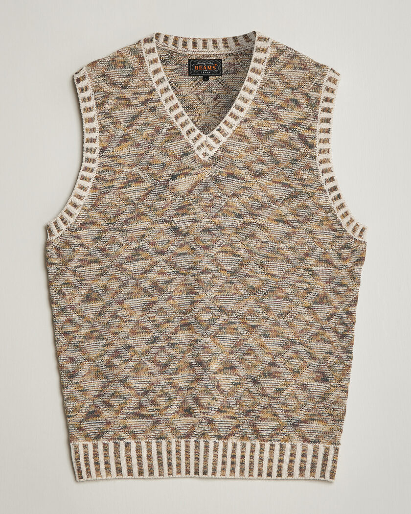 BEAMS PLUS Kasuri Jacquard Knit Vest Beige – Mehrfarbig