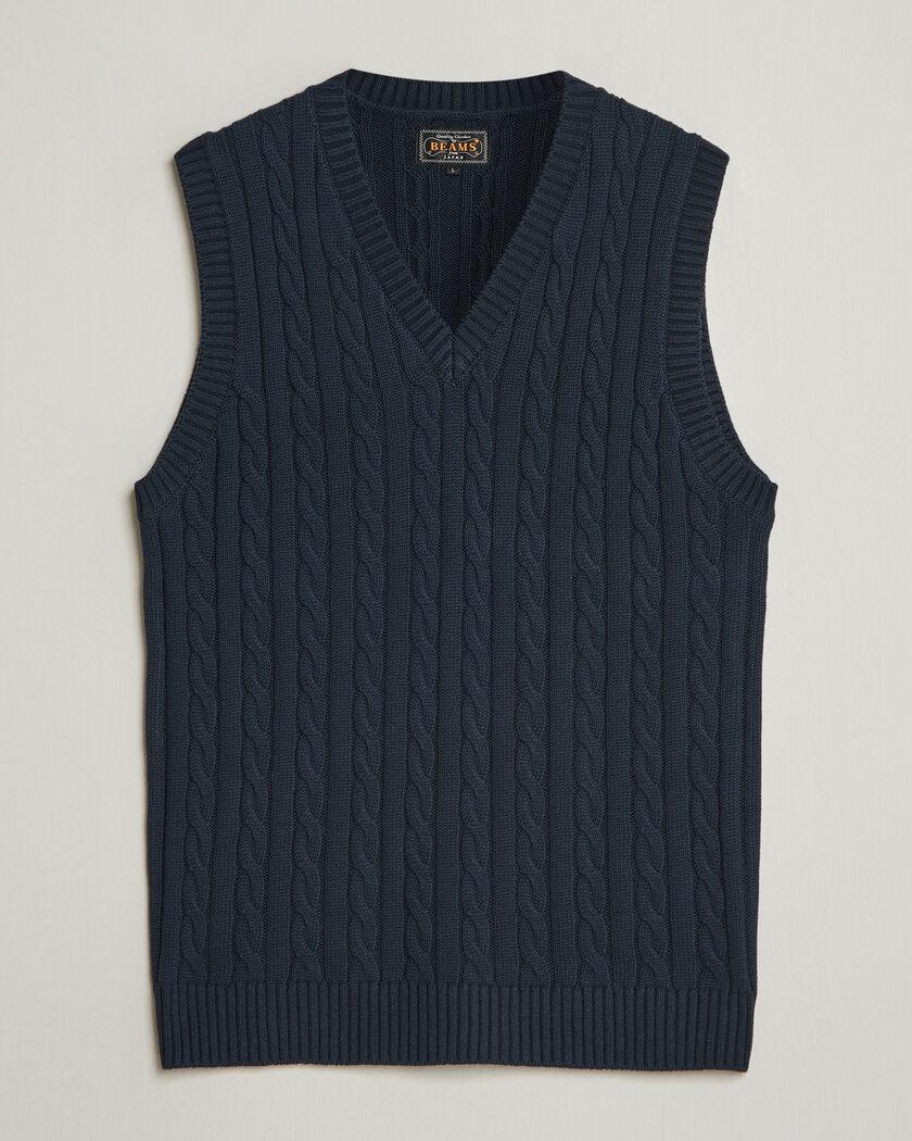 BEAMS PLUS Cable Knit Vest Navy – Blau