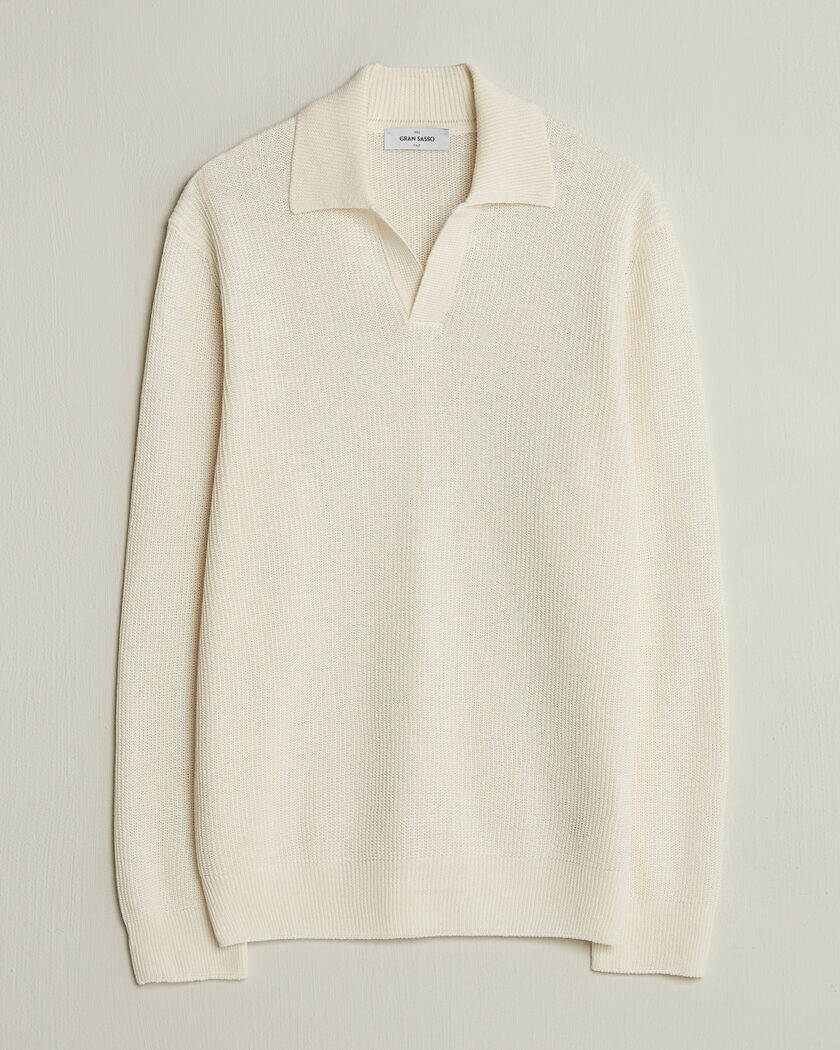Gran Sasso Linen/Cotton Open Collar Knitted Polo Cream – Weiß