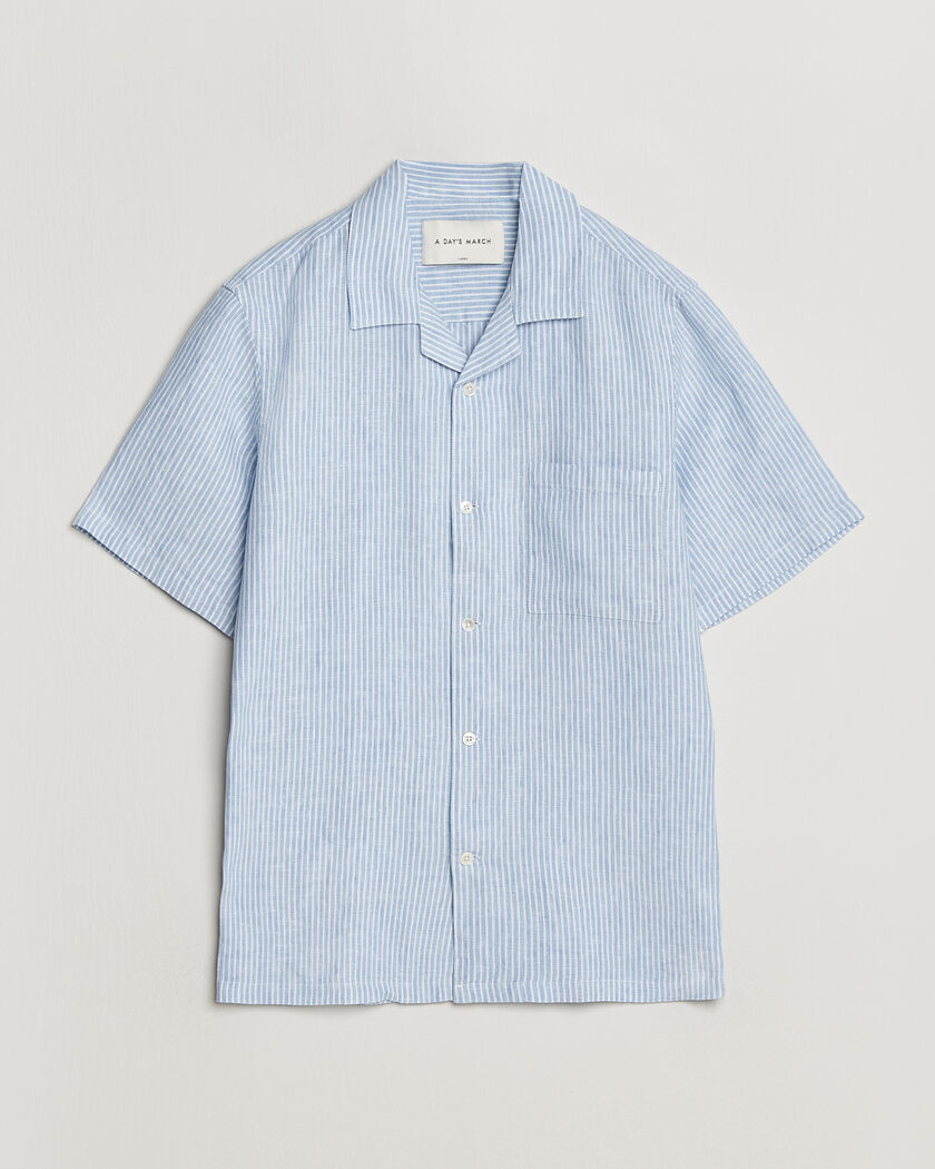 A Day's March Yamu Striped Linen Short Sleeve Shirt Light Blue – Blau