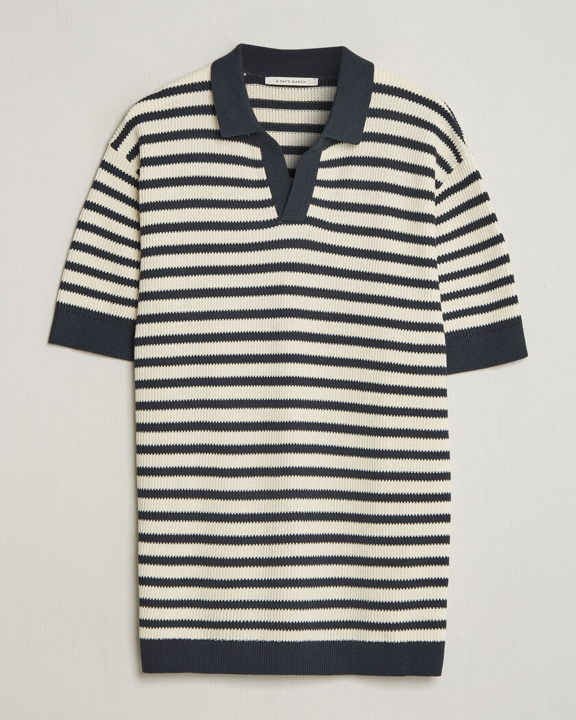 A Day's March Jeremy Striped Knitted Polo Off White/Navy – Blau