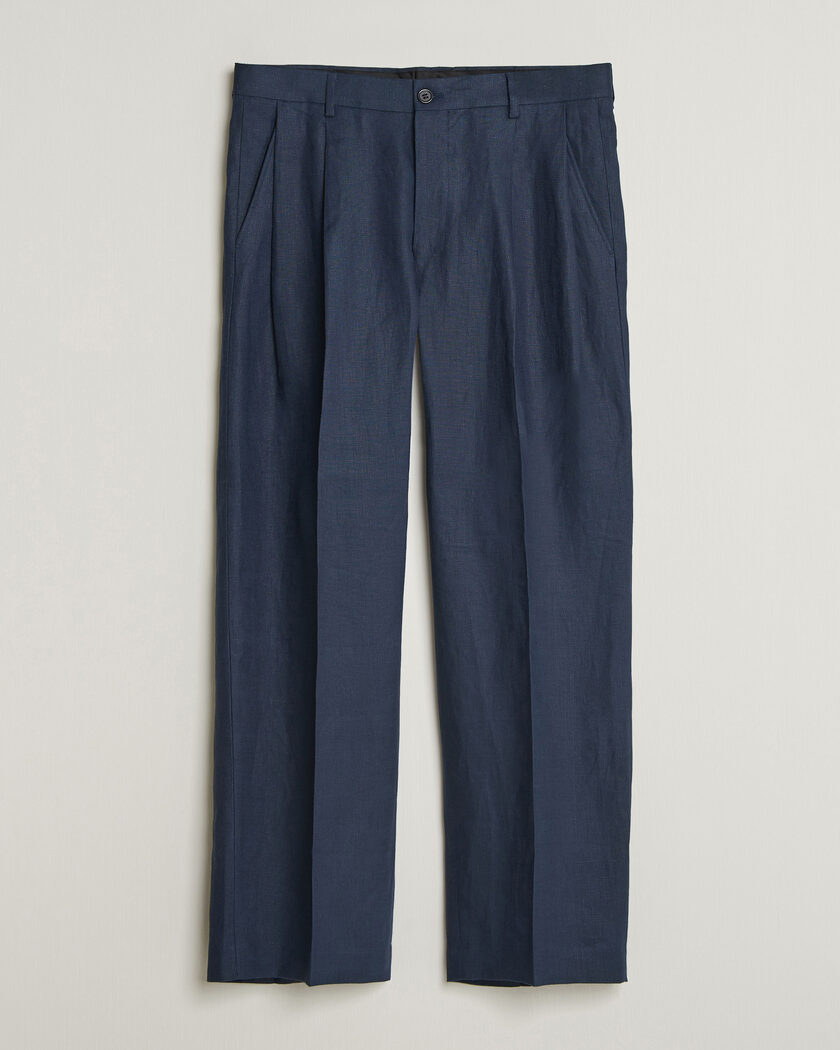 NN07 Justin Linen Double Pleated Trousers Navy Blue – Blau