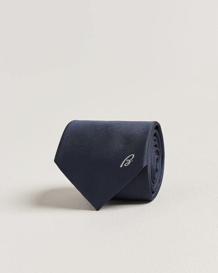 Brioni Embroidered Logo Silk Tie Navy – Blau