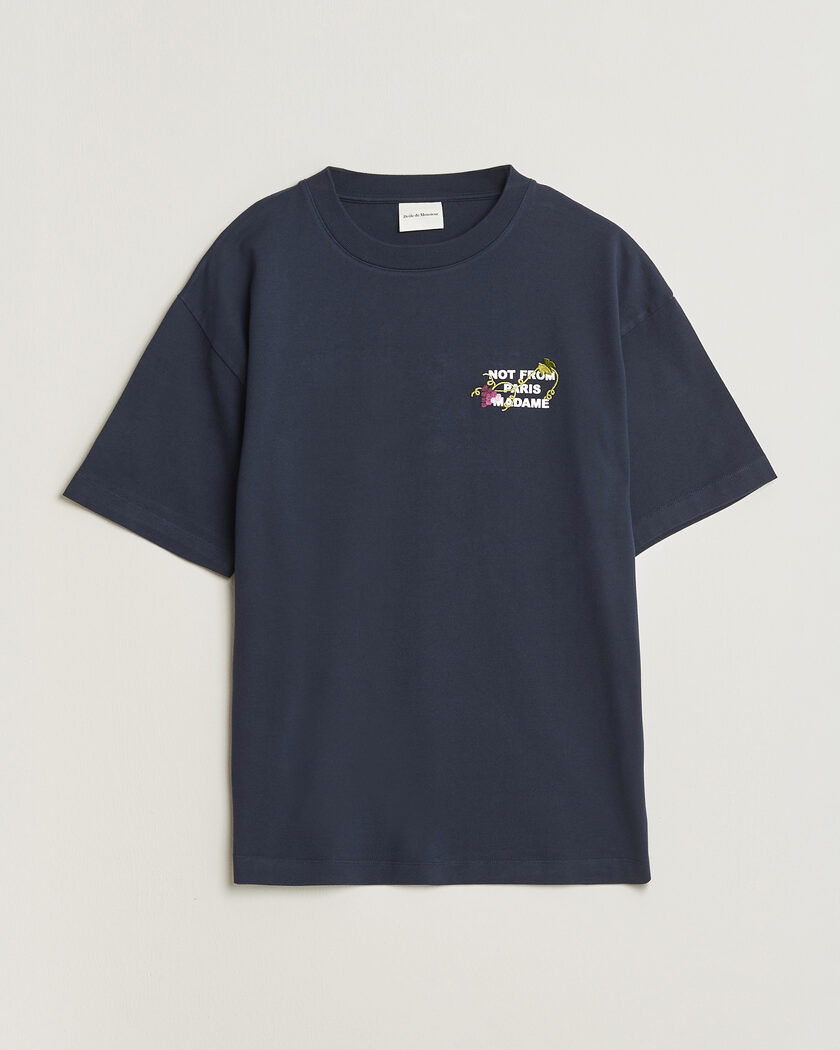 Drôle de Monsieur Vine Embroidered Slogan T-Shirt Navy – Blau