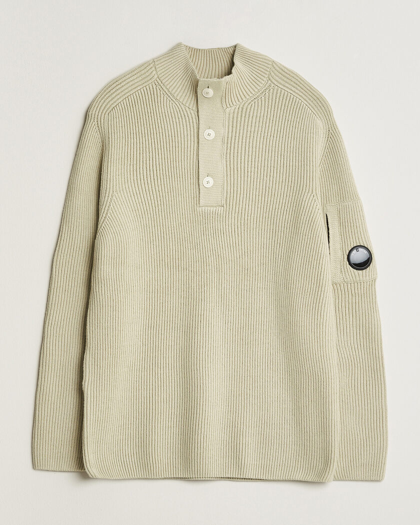 C.P. Company Full Rib Knitted Cotton Half Button Light Grey – Grau