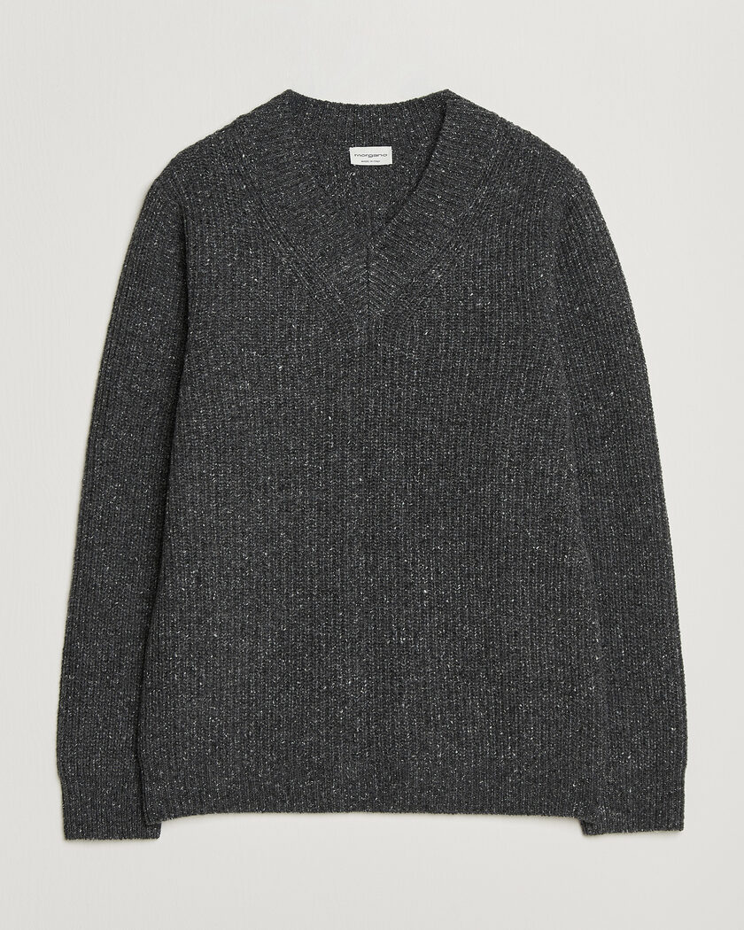 Morgano Fisherman Ribb Donegal Knitted V-Neck Dark Grey – Grau