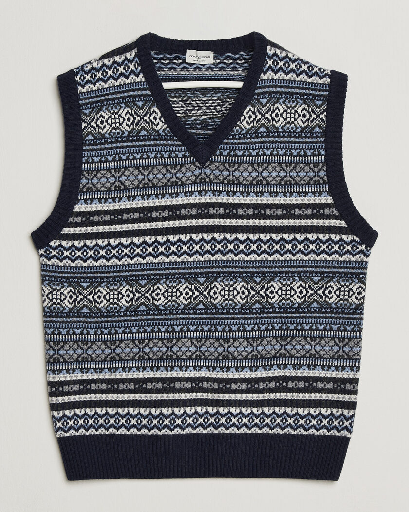 Morgano Wool/Cashmere Fair Isle Knitted Vest Navy – Blau