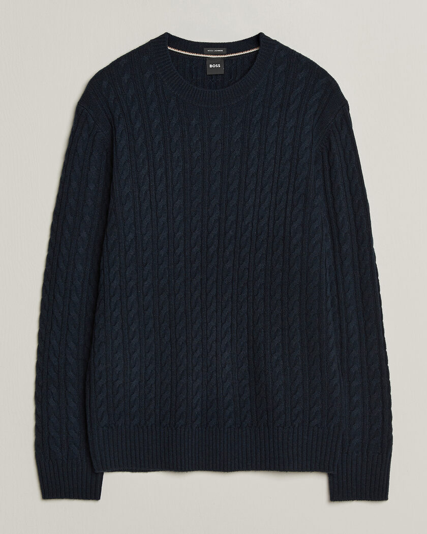 BOSS BLACK Furlan Wool/Cashmere Cable Crew Neck Dark Blue – Blau