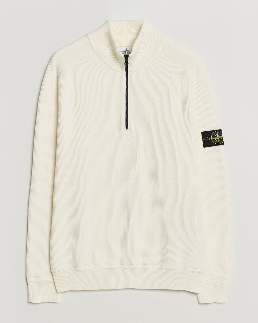 Stone Island Ribbed Soft Organic Cotton Half-Zip Ivory – Weiß