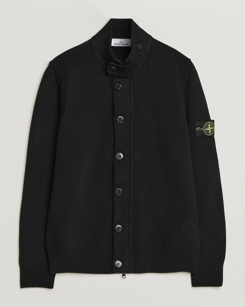 Stone Island Knitted Lambswool Zip Button Cardigan Black – Schwarz