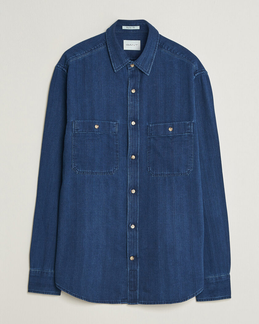 Gant Regular Fit Indigo Herringbone Overshirt Mid Blue – Blau