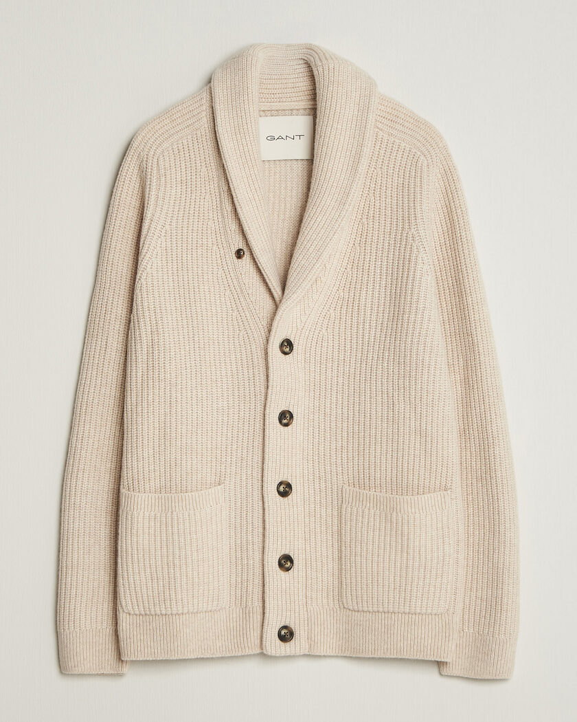 Gant Wool/Cotton Ribbed Shawl Collar Cardigan Light Beige – Beige