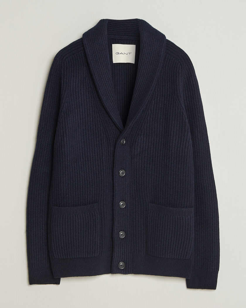 Gant Wool/Cotton Ribbed Shawl Collar Cardigan Evening Blue – Blau