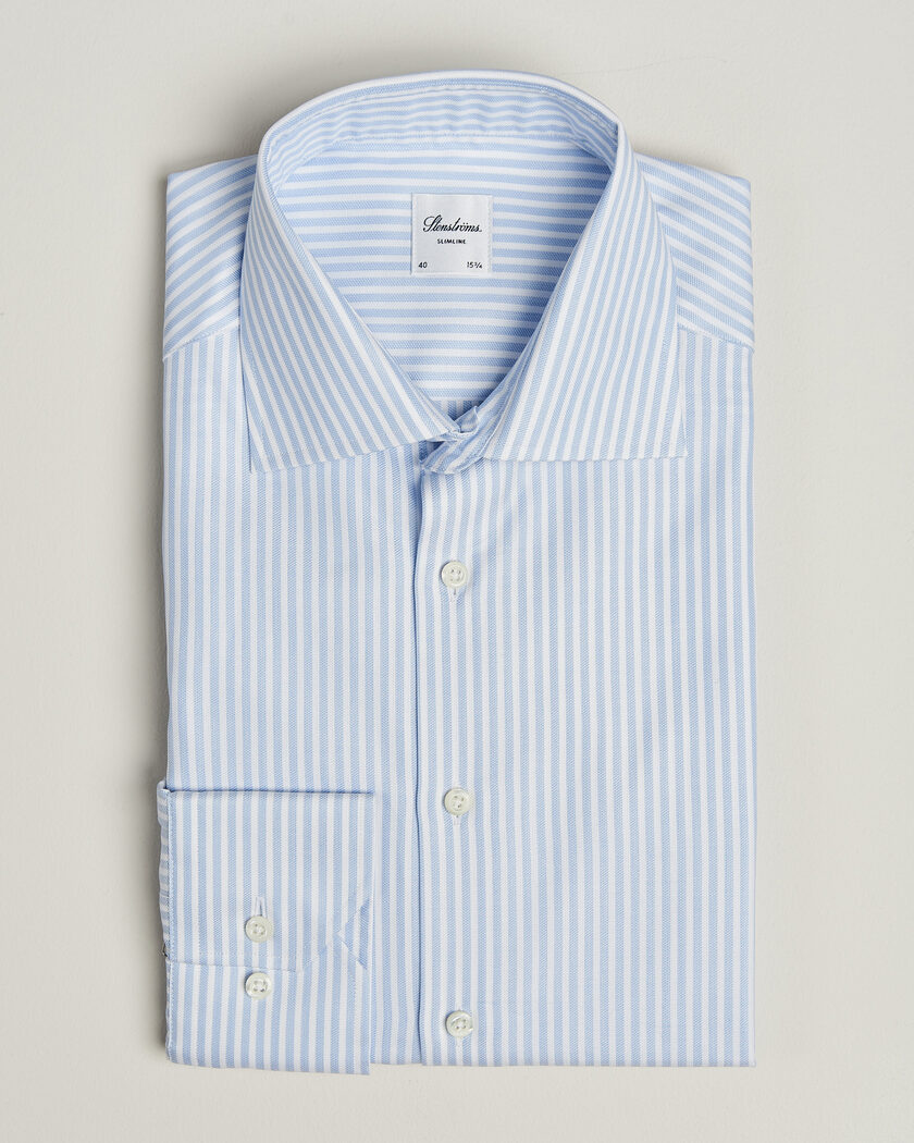 Stenströms Slimline Twofold Cotton Stripe Shirt Light Blue – Blau