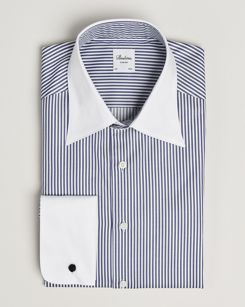 Stenströms Slimline White Collar Stripe Whinchester Shirt Blue – Blau