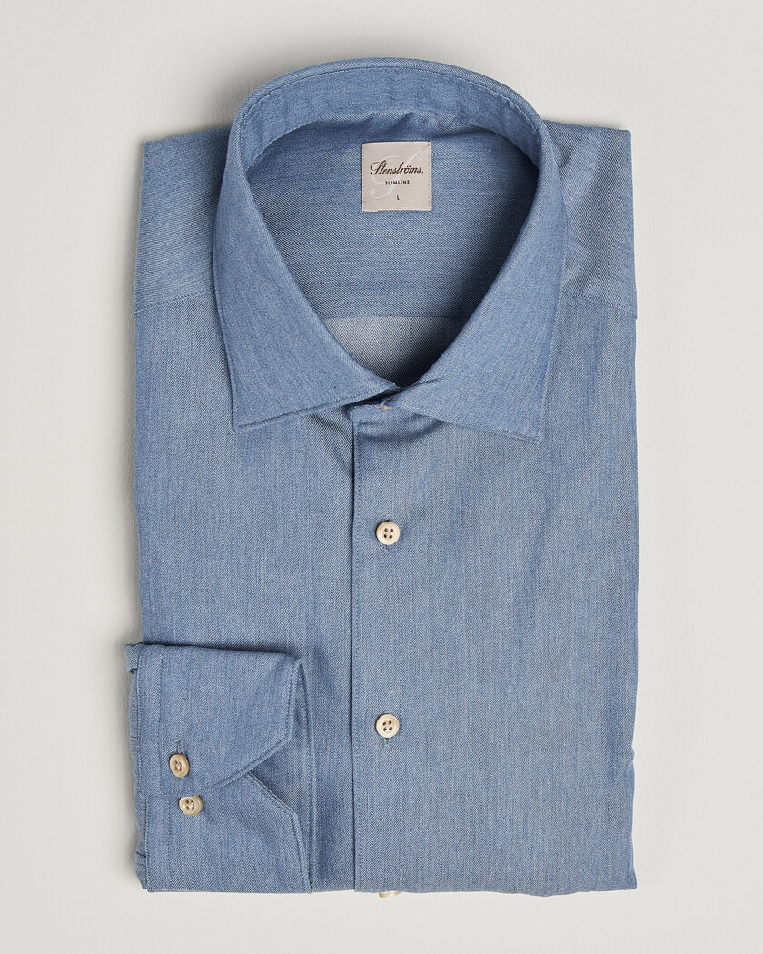  Stenströms Slimline Cotton Twill Denim Shirt Blue – Blau
