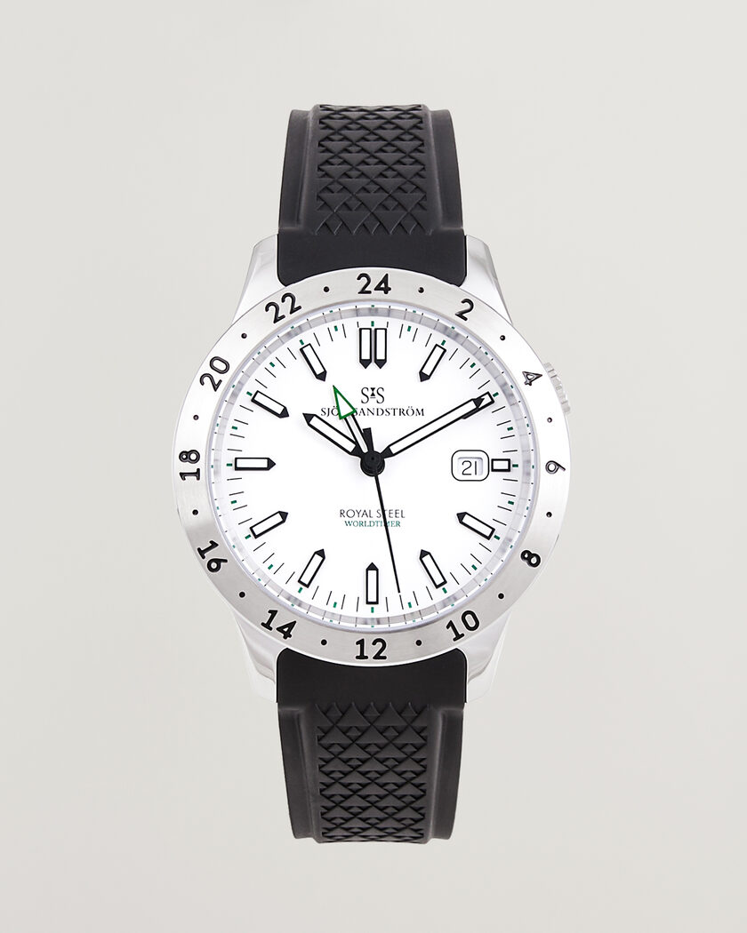 Sjöö Sandström Royal Steel Worldtimer 41mm Black Rubber White Dial – Weiß