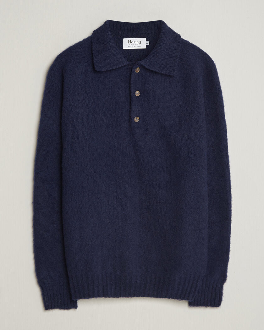 Harley Of Scotland Brushed Supersoft Lambswool Polo Navy – Blau