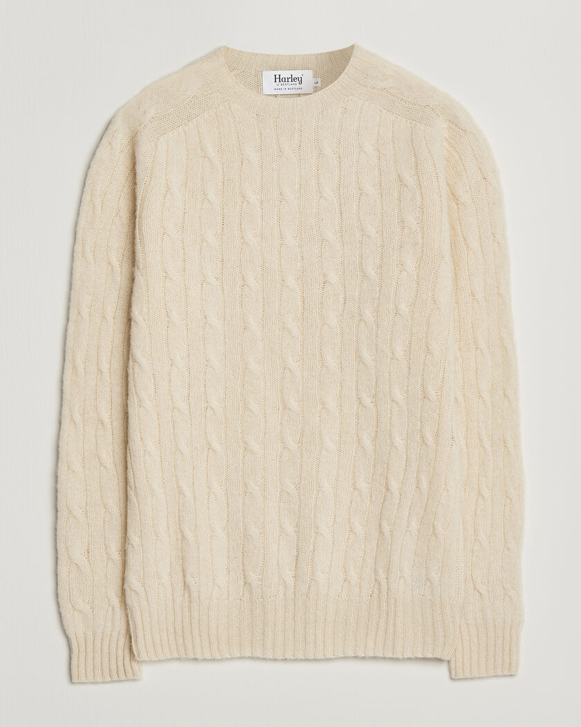 Harley Of Scotland Brushed Supersoft Lambswool Cable Vanilla – Weiß