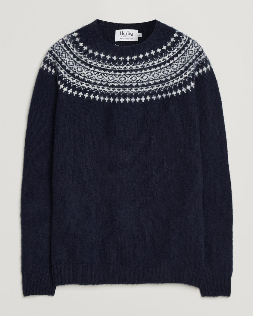 Harley Of Scotland Brushed Supersoft Lambswool Yolk Fairisle Navy/Snow White – Blau